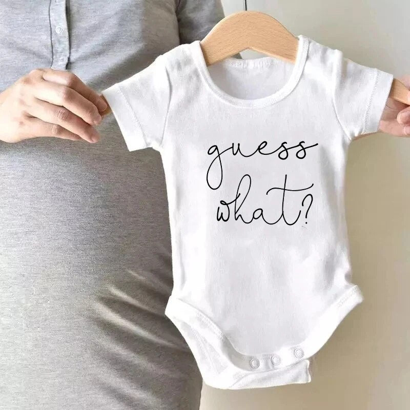 Baby Announcement Onesie Guess What Print Funny Newborn Baby Rompers Cotton Body Baby Girls Boys Pregnancy Reveal Ropa Bodysuit